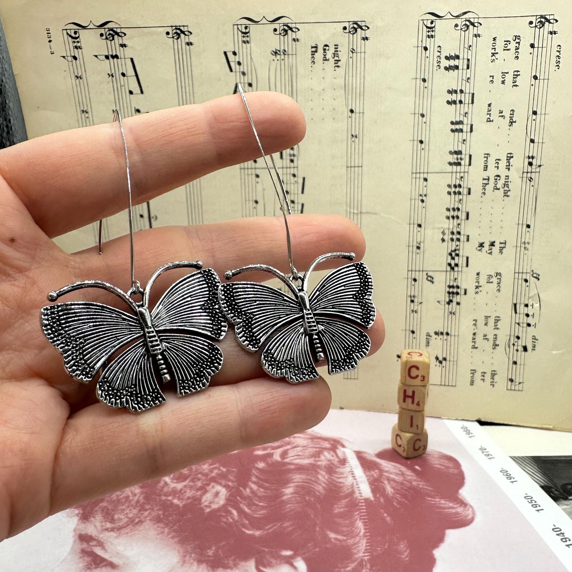 Hanging Butterfly Earrings Silver Tone Lightweight